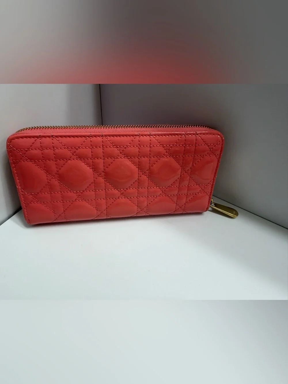 Christian Dior Lady Dior Zip Around Wallet in pink patent leather